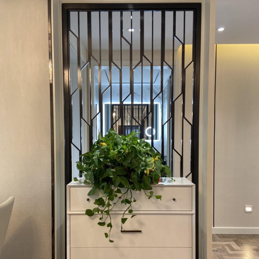 輕奢鐵藝不銹鋼長虹玻璃屏風隔斷定制現代簡約客廳入戶玄關置物架